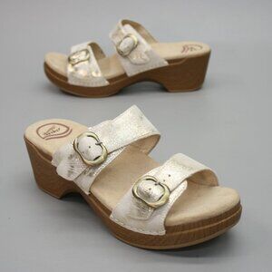 Dansko Ladies 40 (9.5-10) Sophie Metallic Gold 2-Strap Mules Shoes Sandals Clogs
